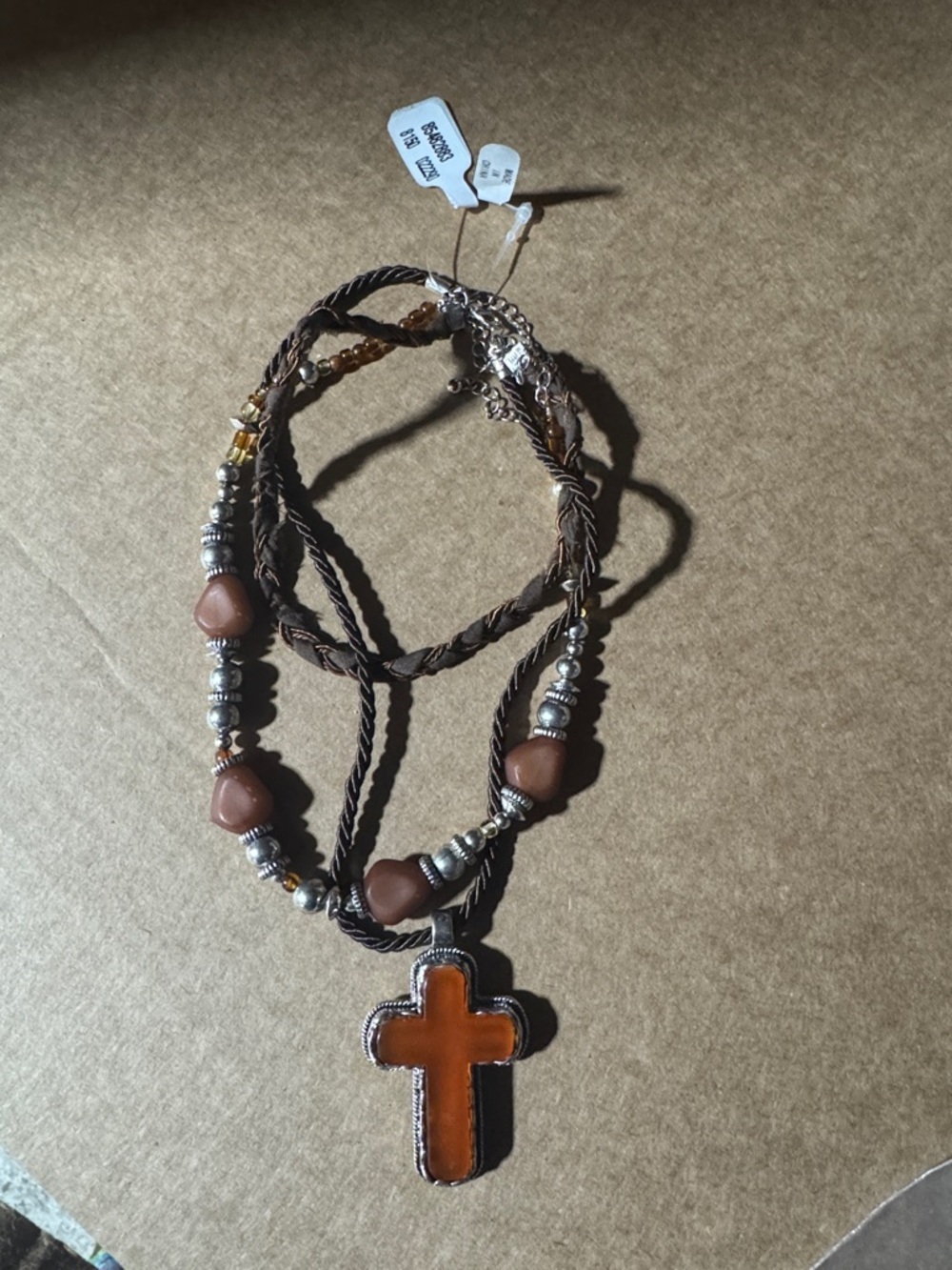Brown Beaded Cross Pendant Necklace